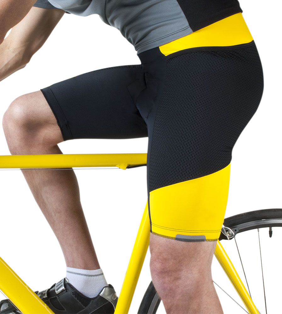Men's Gel cycling shorts, bike shorts with side pockets Black on Yellow