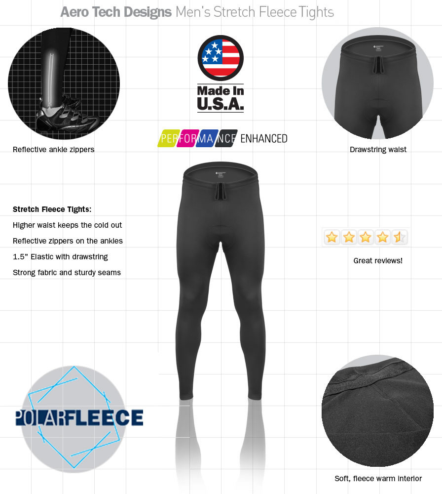 ATD Men's Stretch Fleece Thermal Tights w reflective zippers Made in USA