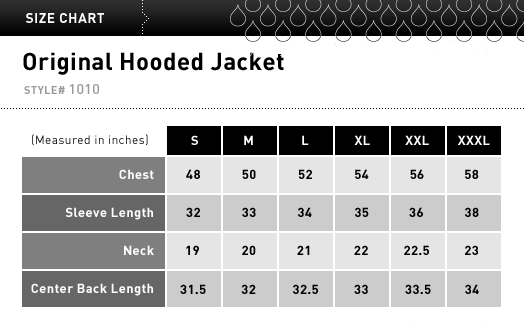 rain coat size chart 1010